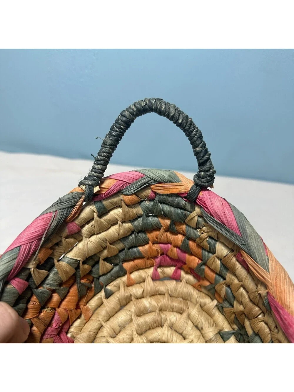 Vintage Hand Woven Oval Seagrass Basket Bowl Boho Two Handles Pink Teal Orange